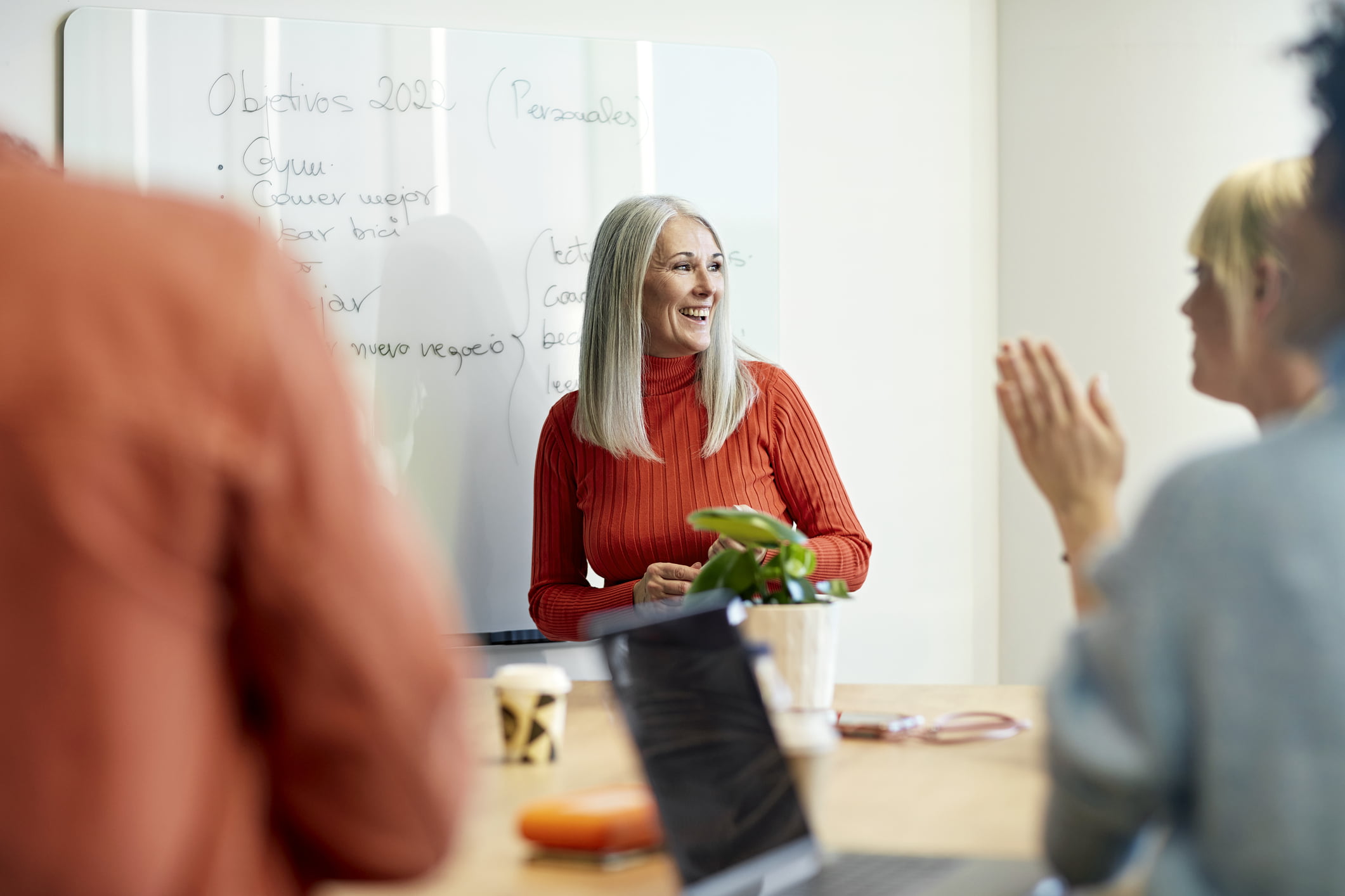 Businesswoman-presenting-objectives-at-meeting-self-reflection