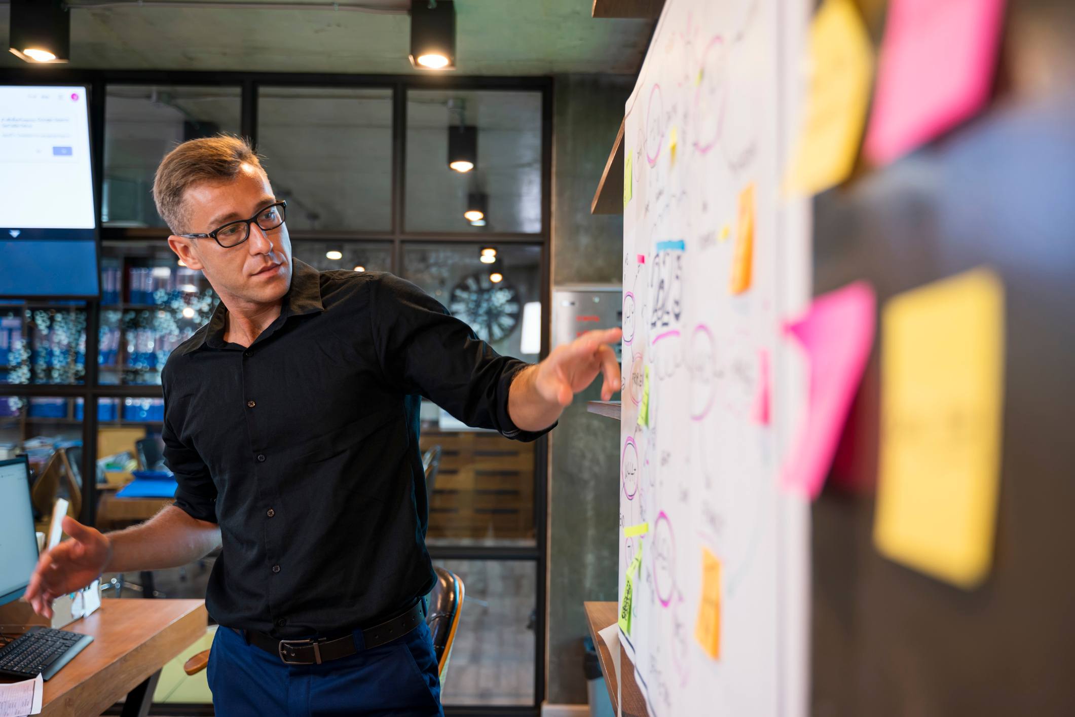 Confident-business-man-presenting-a-project-at-work-meeting-employee-strengths