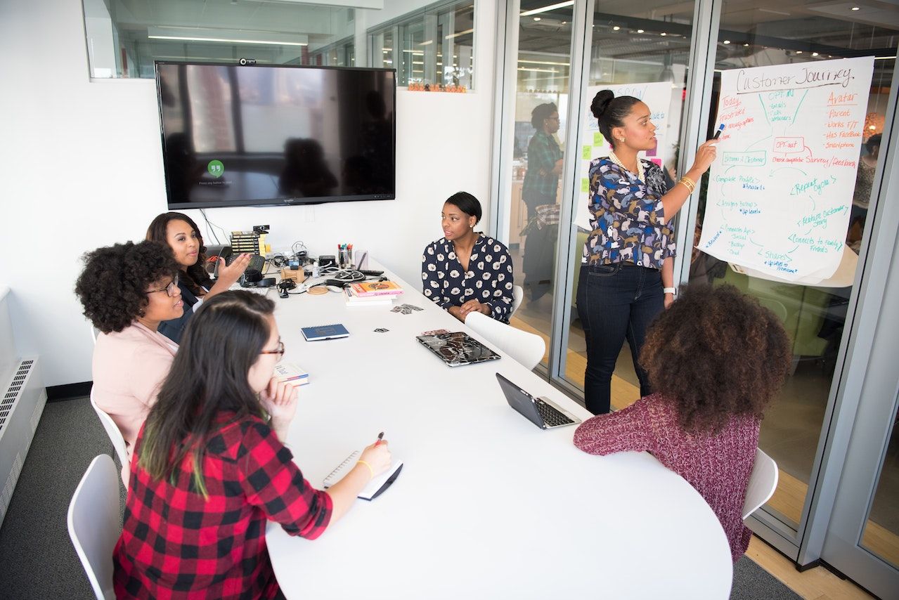 Woman-explaining-something-on-whiteboard-to-collegues-at-meeting-relationship-building-skills-examples