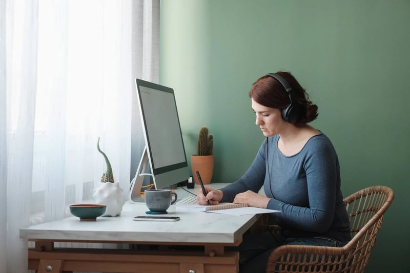 Woman-working-at-home-with-headphones